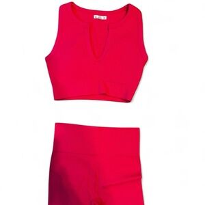 Vibrant Pink Ribbed Crop Top and Leggings Set